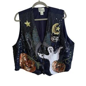 Quacker Factory Halloween Sequin Vest 1X Ghost Pumpkins Black Cat Moon